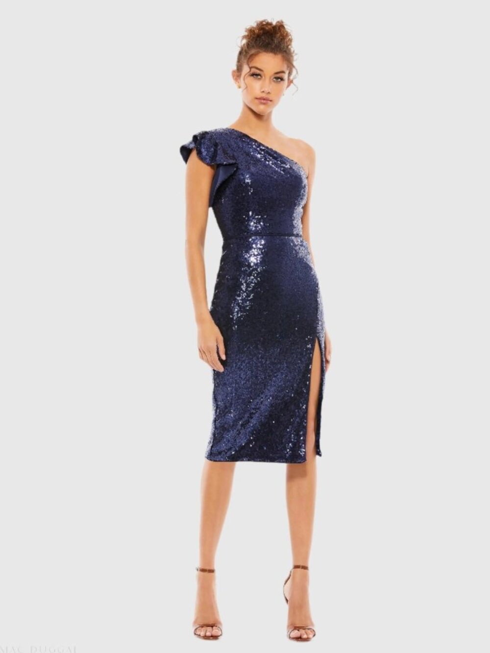 Mac Duggal Size 10 Navy Blue 70162 One Shoulder Sequin Midi Cocktail Party Dress